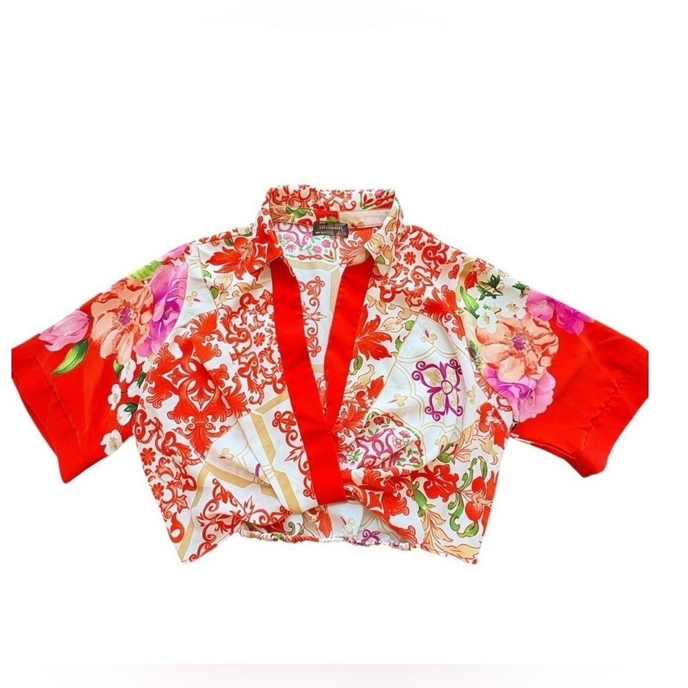 Lulumari Anthropologie Patchwork Floral Wrap Blouse Farm Rio Style Crop Top S